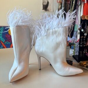 NEW! Jessica Simpson White Feather-Trim Stiletto Ankle Boots